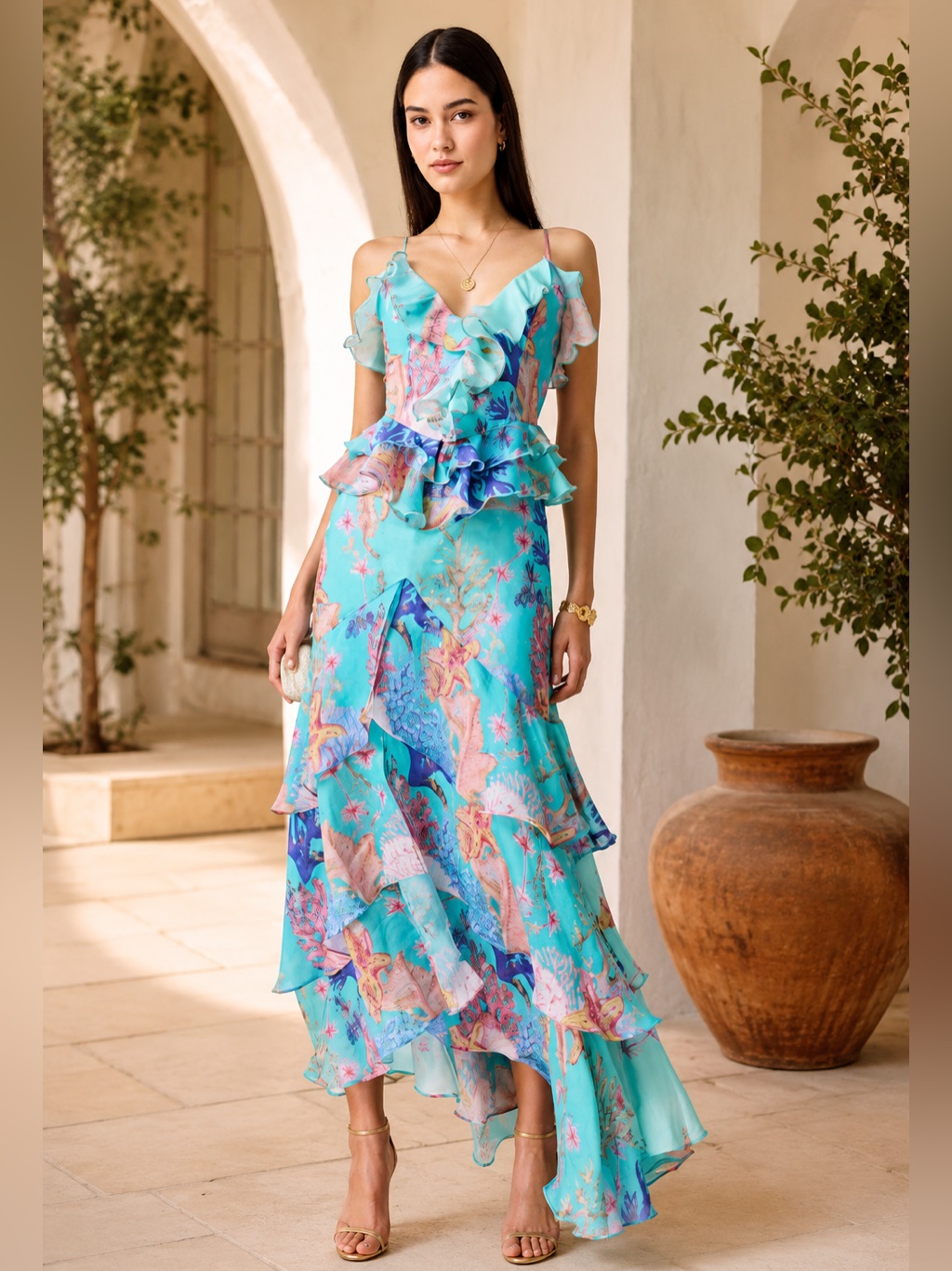 Elliatt Coral Tiered Gown In Blue Multi Size S Nwt
